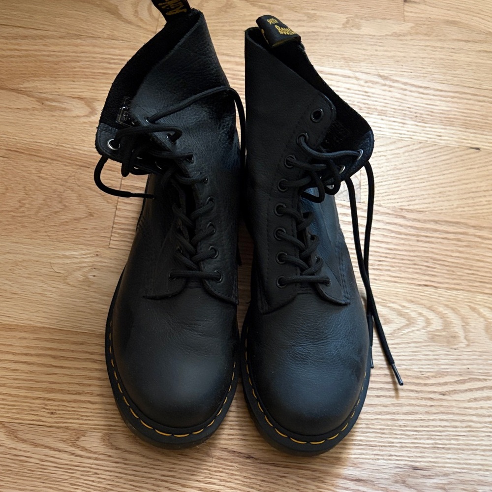 Dr. Martens Black Leather Lace-Up Boots with Yellow Stitching